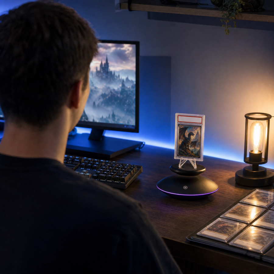Clear Stand Kit: Lumera Float on a gaming desk, shown at real size
