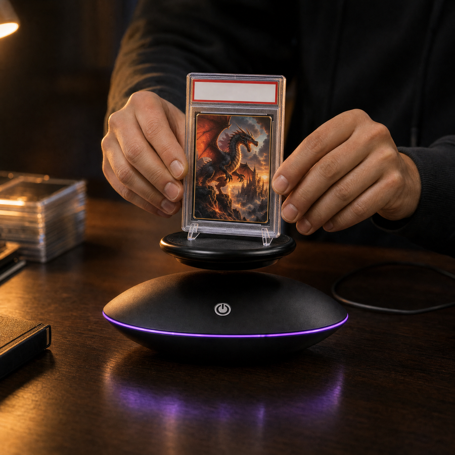 Clear Stand Kit: hands placing a graded card on the floating platform